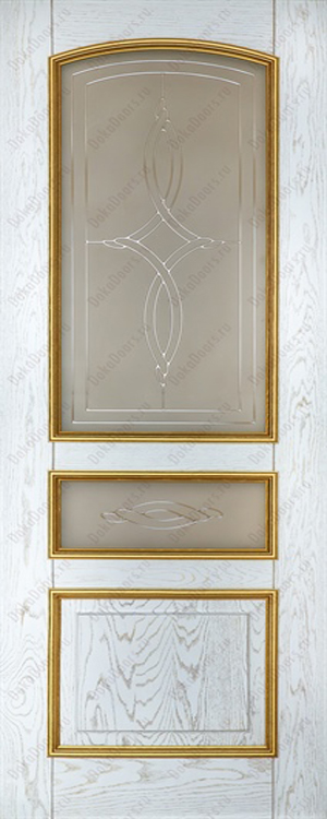 дверь массив дуба Цезарь со стеклом эмаль белая рал 9003 патина золото Дока Двери